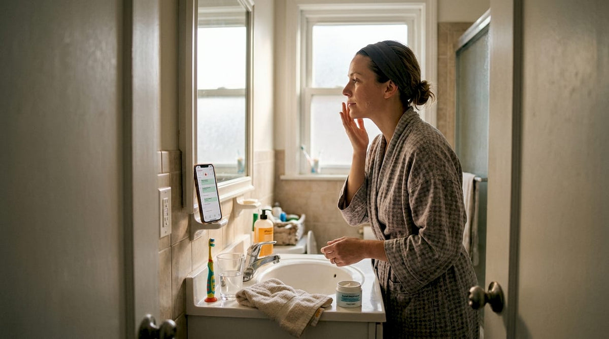 Mother applying skincare in bright bathroom