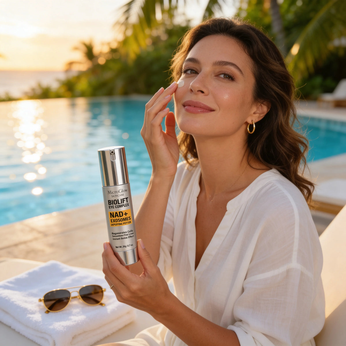 Woman applying NAD+ eye cream for dark circles and puffiness