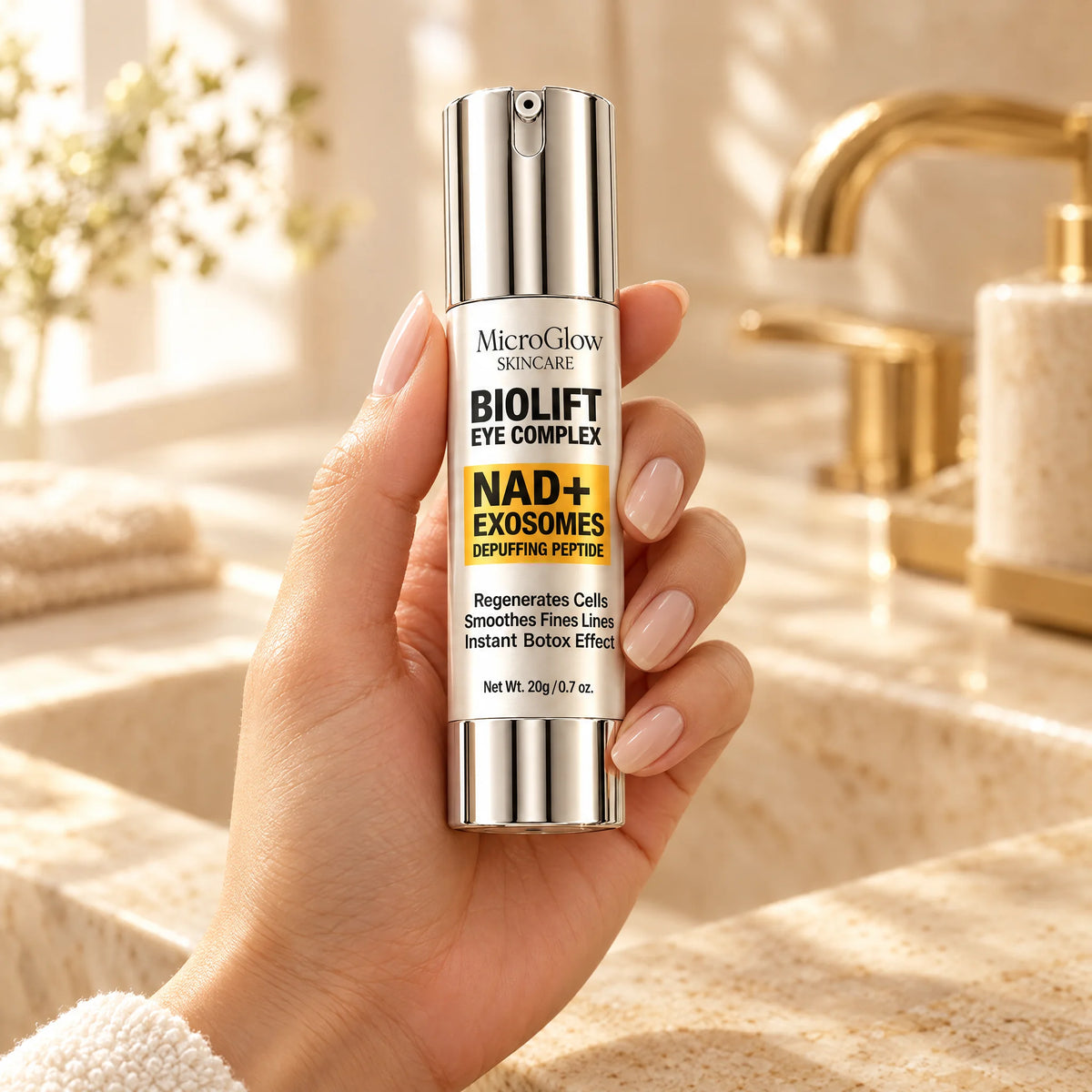 Hand holding Biolift Eye Complex bottle showing its size
