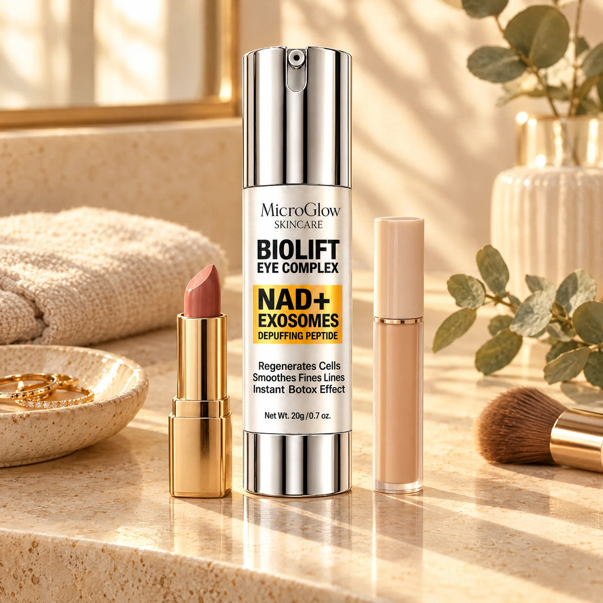 Biolift Eye Complex on a vanity with lipstick and makeup