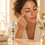 Woman tapping Biolift eye cream under her eye in the bathroom