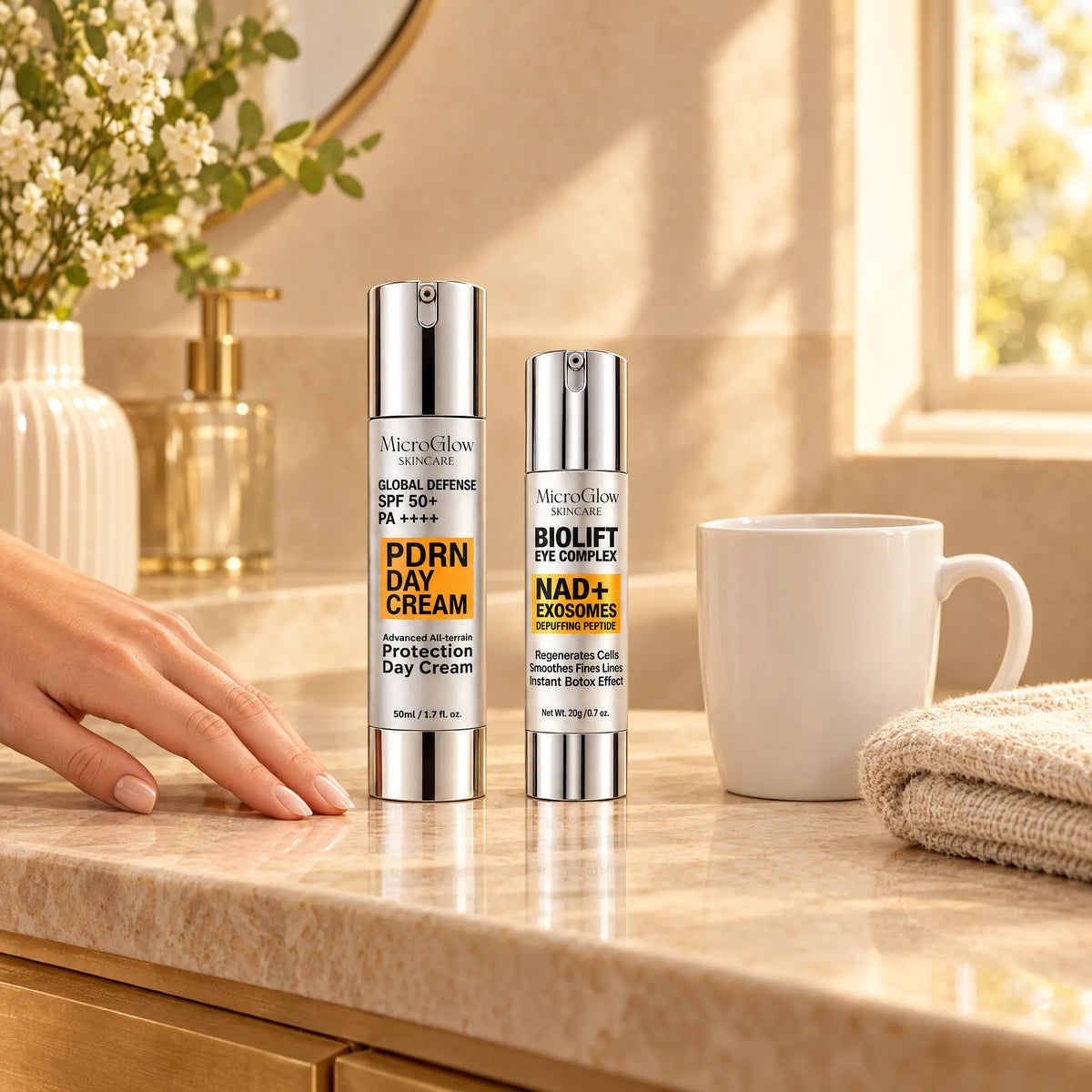 Morning routine with Biolift Eye Complex and Global Defense SPF 50+