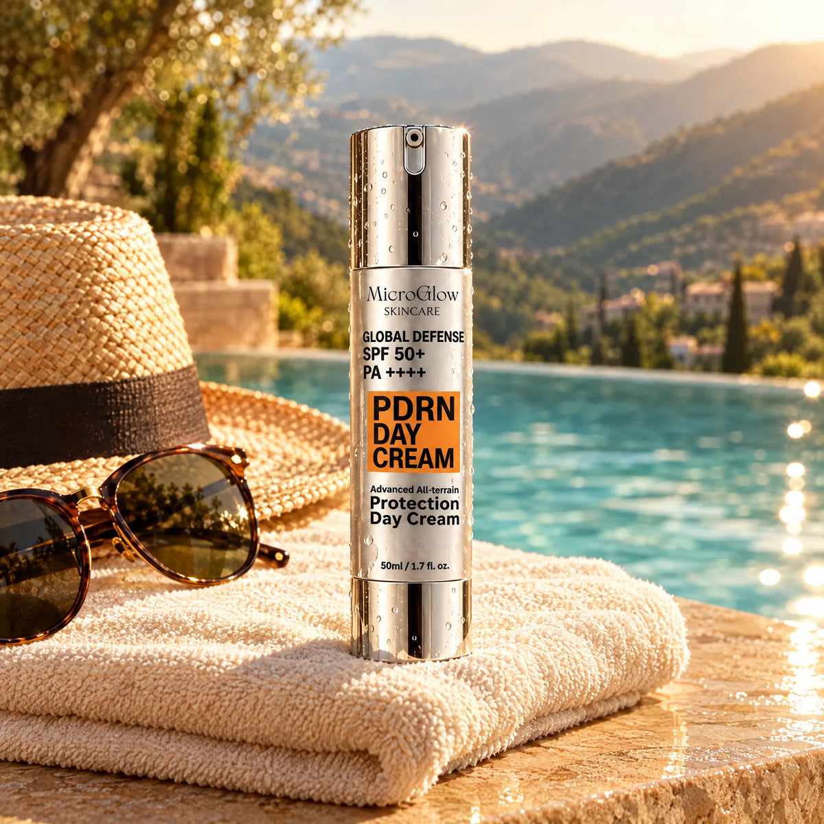 Water-resistant Global Defense SPF 50+ bottle by a mountain pool