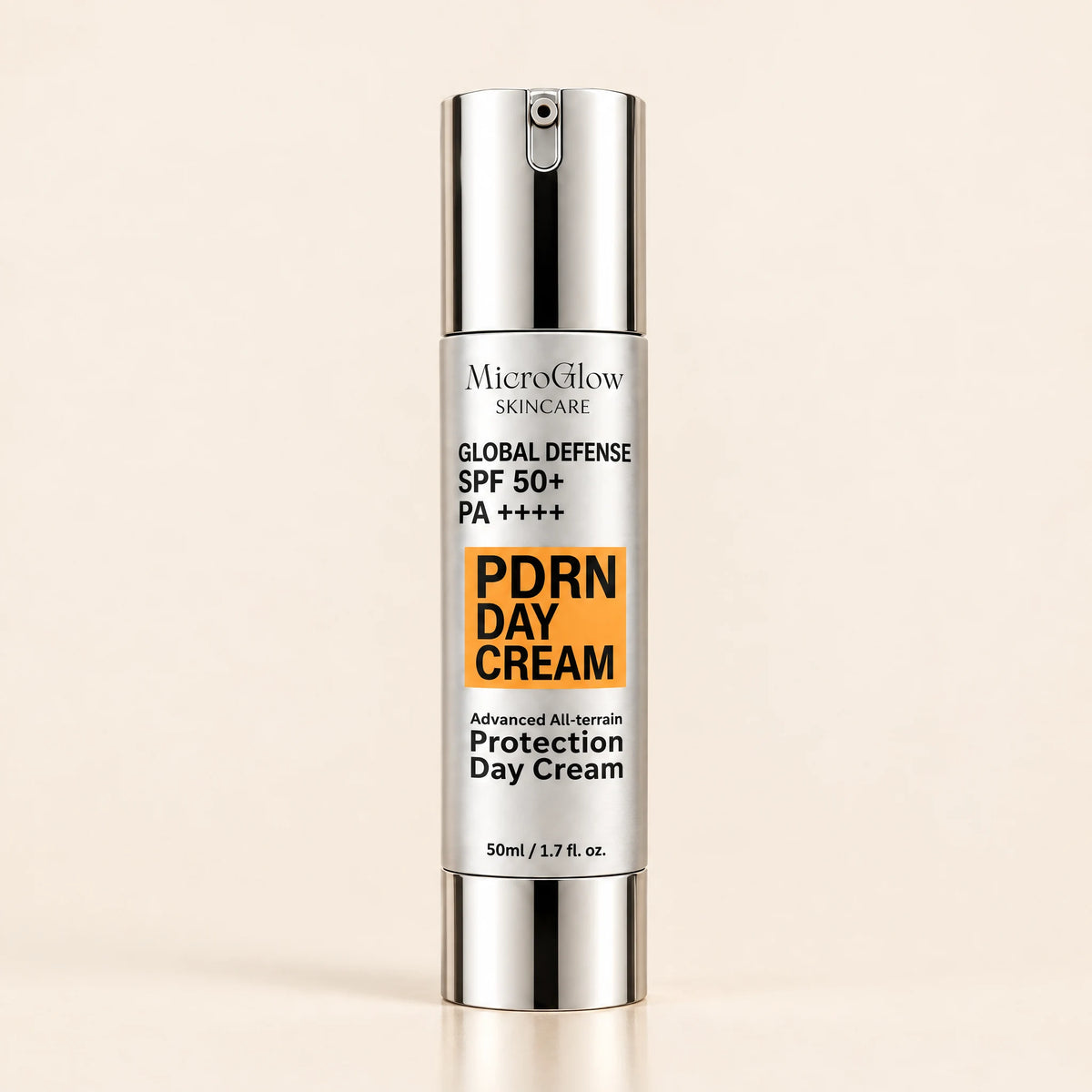 Global Defense PDRN SPF 50+ Day Cream pump bottle on cream background