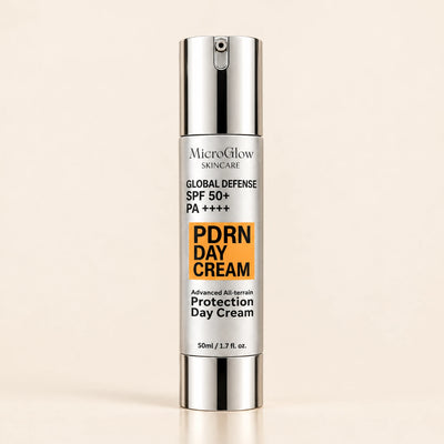 Global Defense PDRN SPF 50+ Day Cream pump bottle on cream background