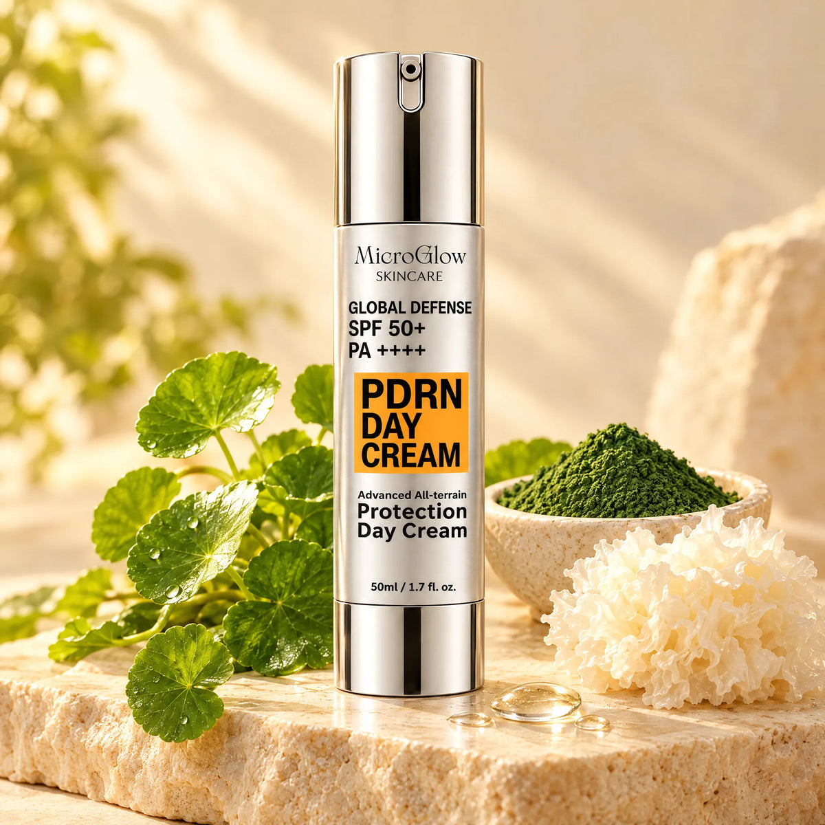 Global Defense PDRN day cream with centella asiatica and chlorella ingredients