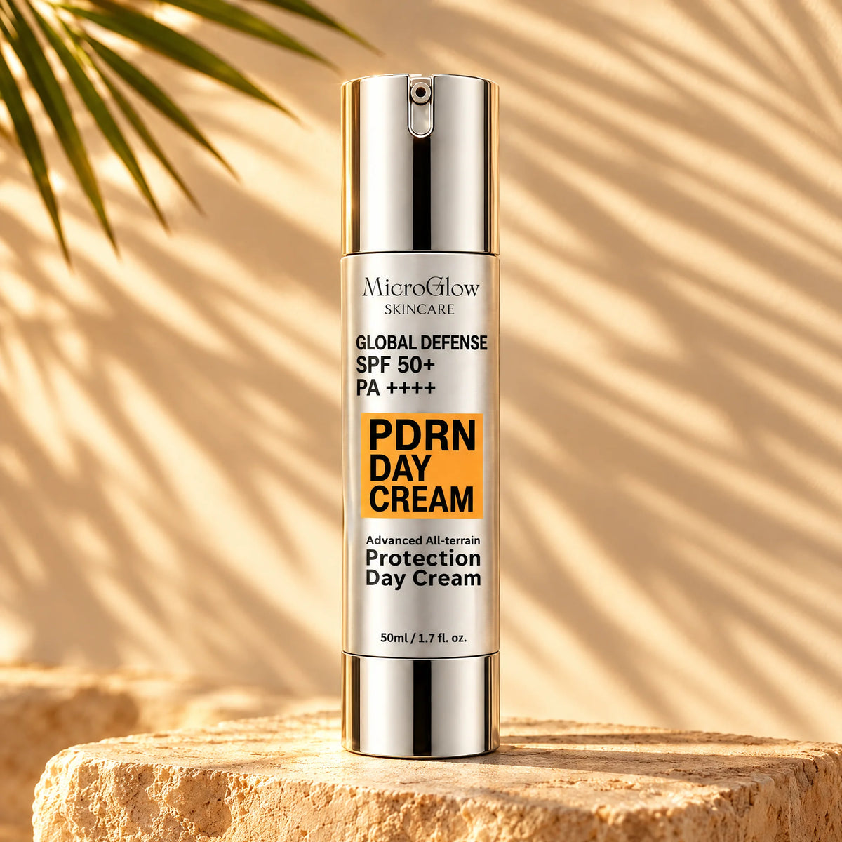 Global Defense PDRN SPF 50+ Day Cream in warm sunlight and shadows