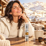 Woman at a Faraya ski chalet with Global Defense SPF 50+ for winter sun protection