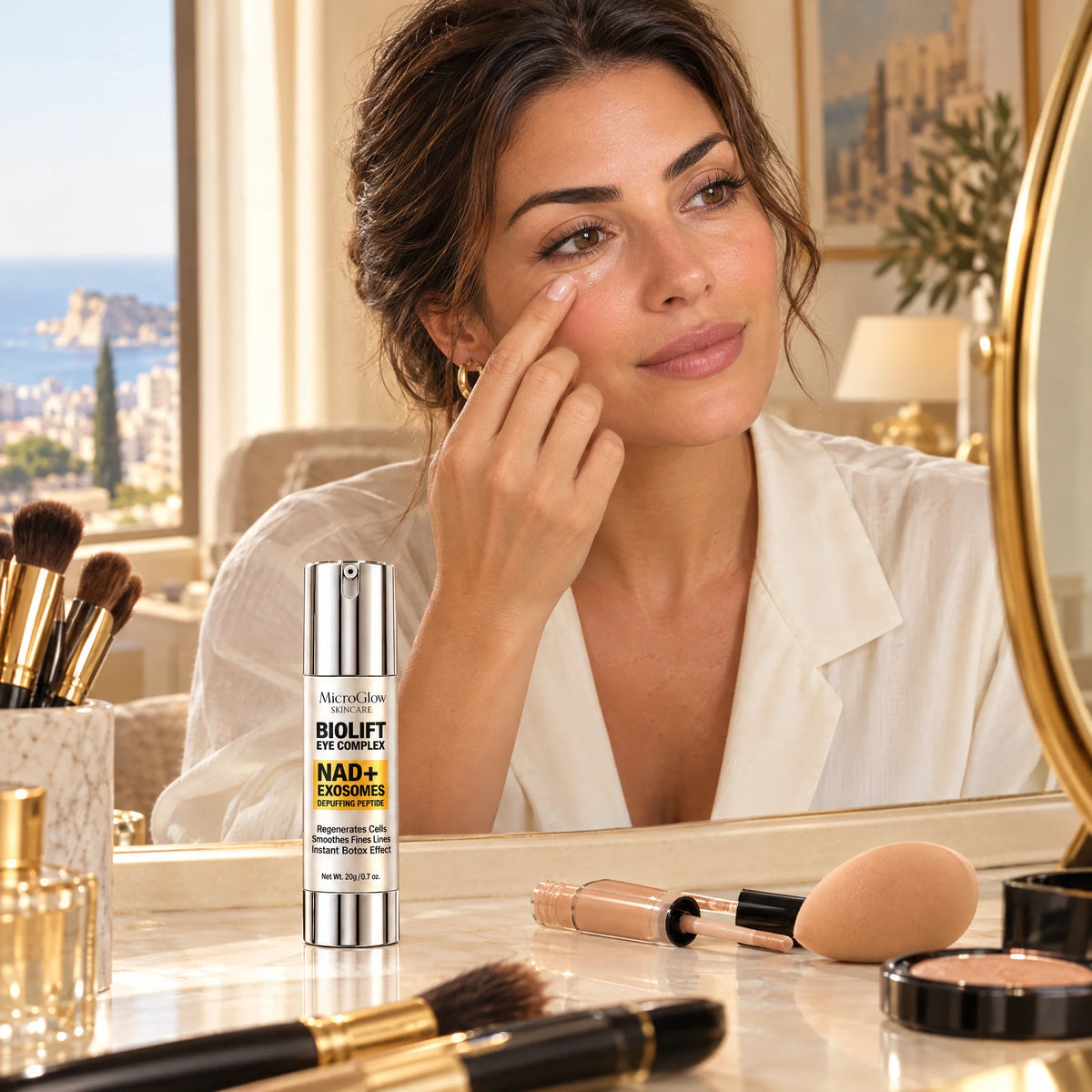 Woman applying makeup after Biolift eye cream to prevent concealer creasing